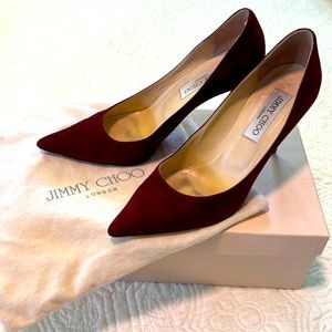 Jimmy Choo Burgundy Suede Agnes Heels.